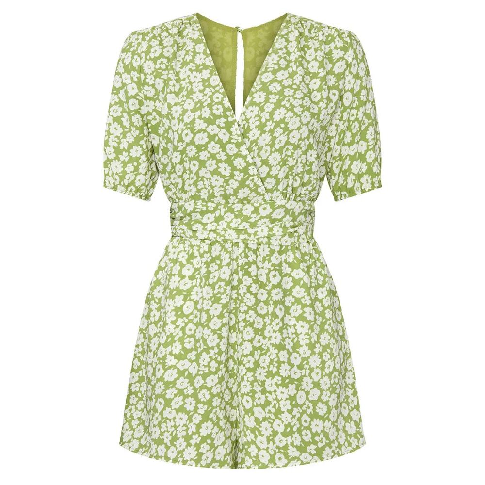 Heartloom Emory Romper Womens M Green White Floral Short Sleeve V-Neck Crepe EUC